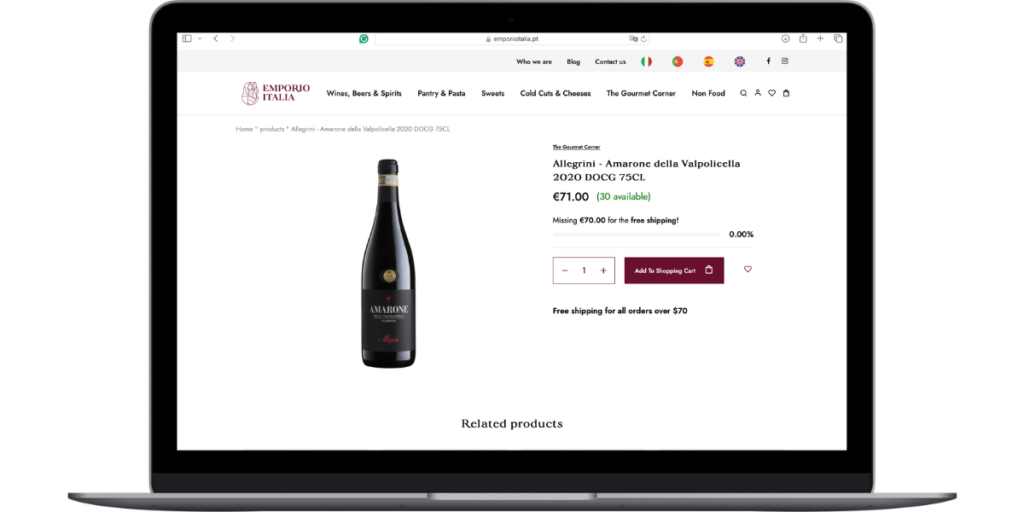 Emporio Italia's store front, product page with wine