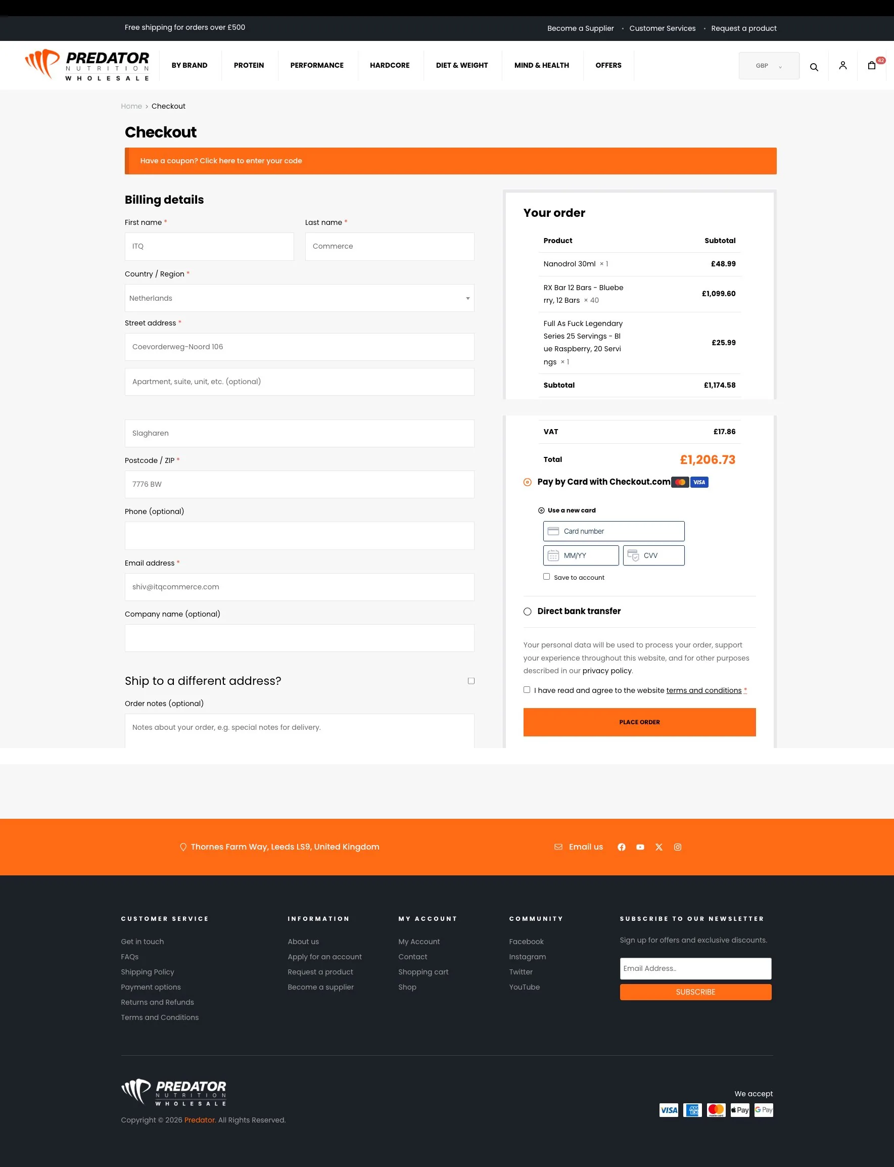 Predator Wholesale checkout with Checkout.com card payment and VAT