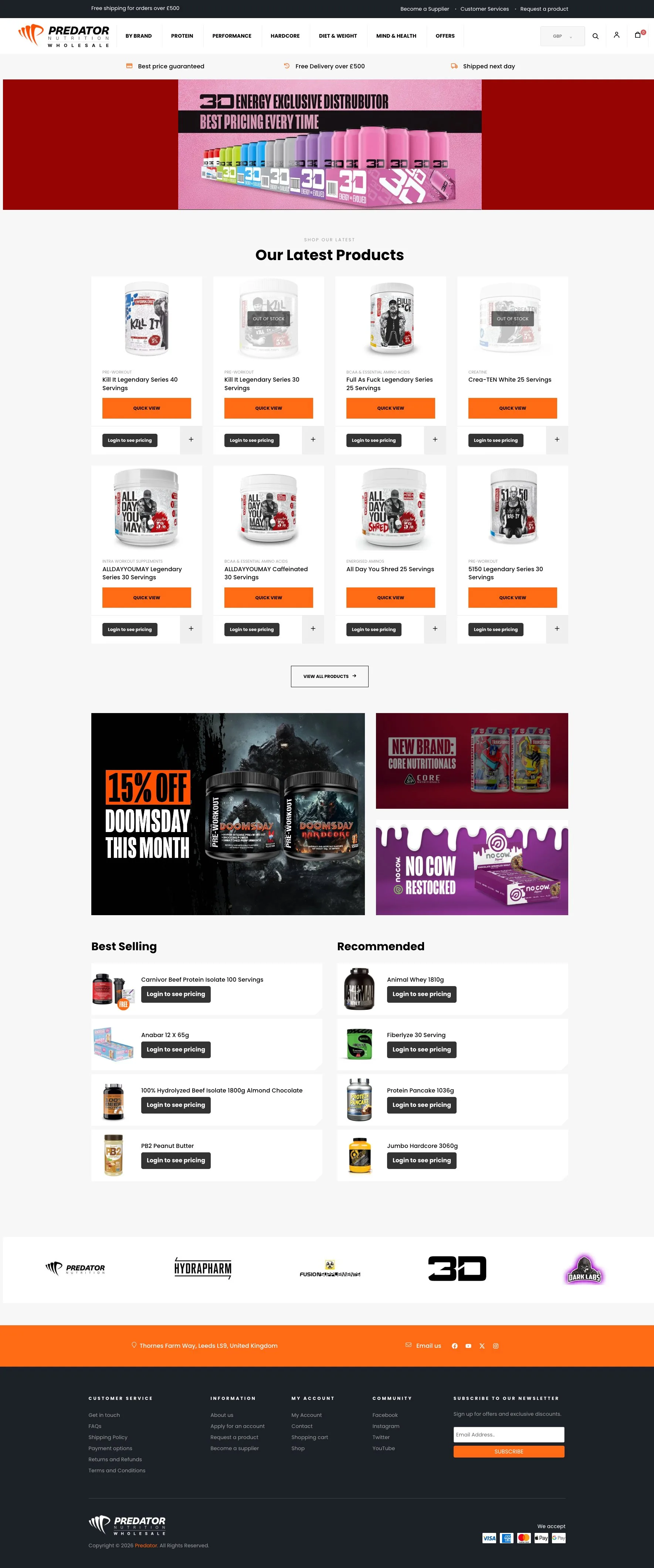 Predator Nutrition Wholesale homepage, live on WooCommerce
