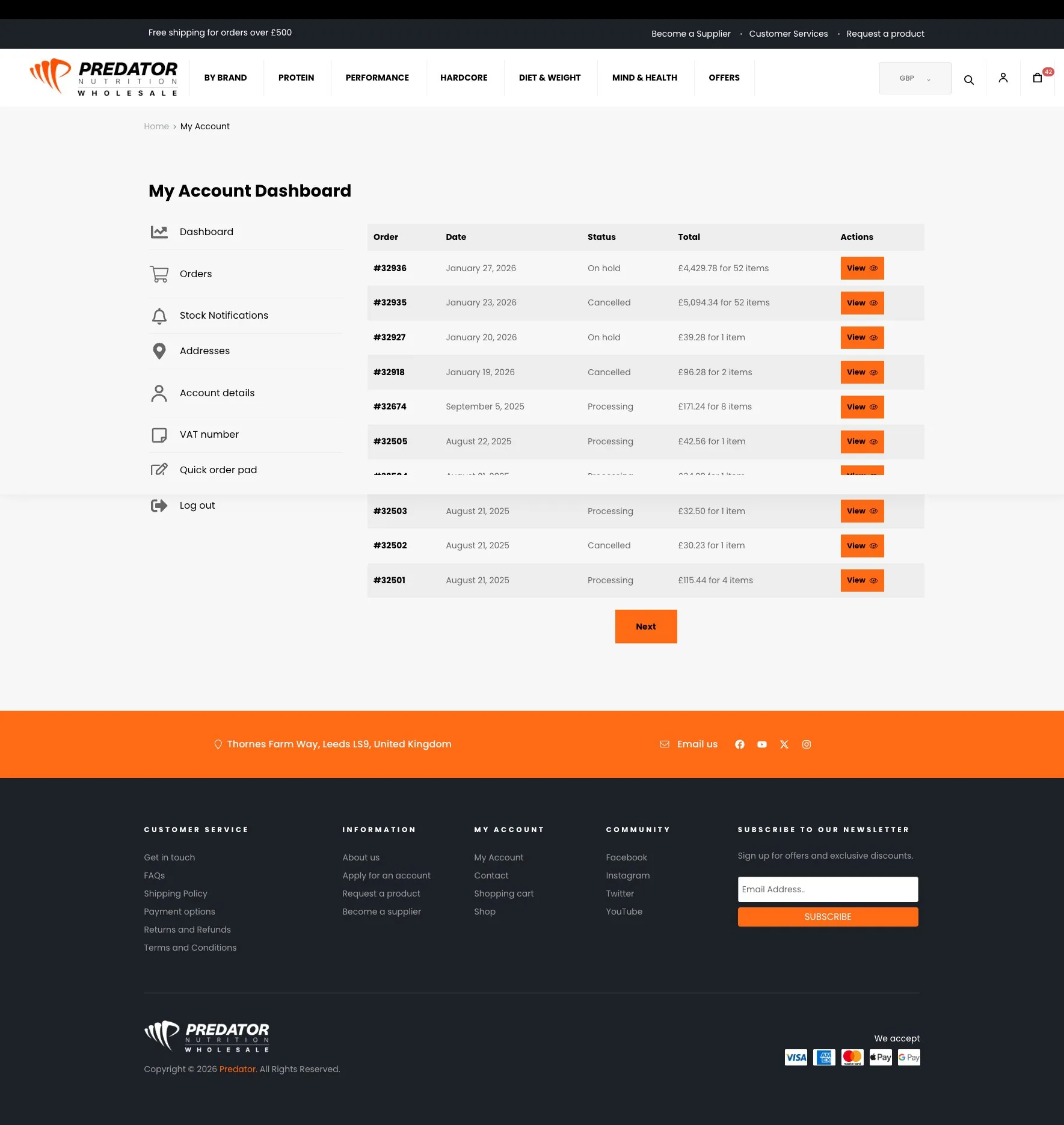 Predator Wholesale My Account dashboard showing trade order history